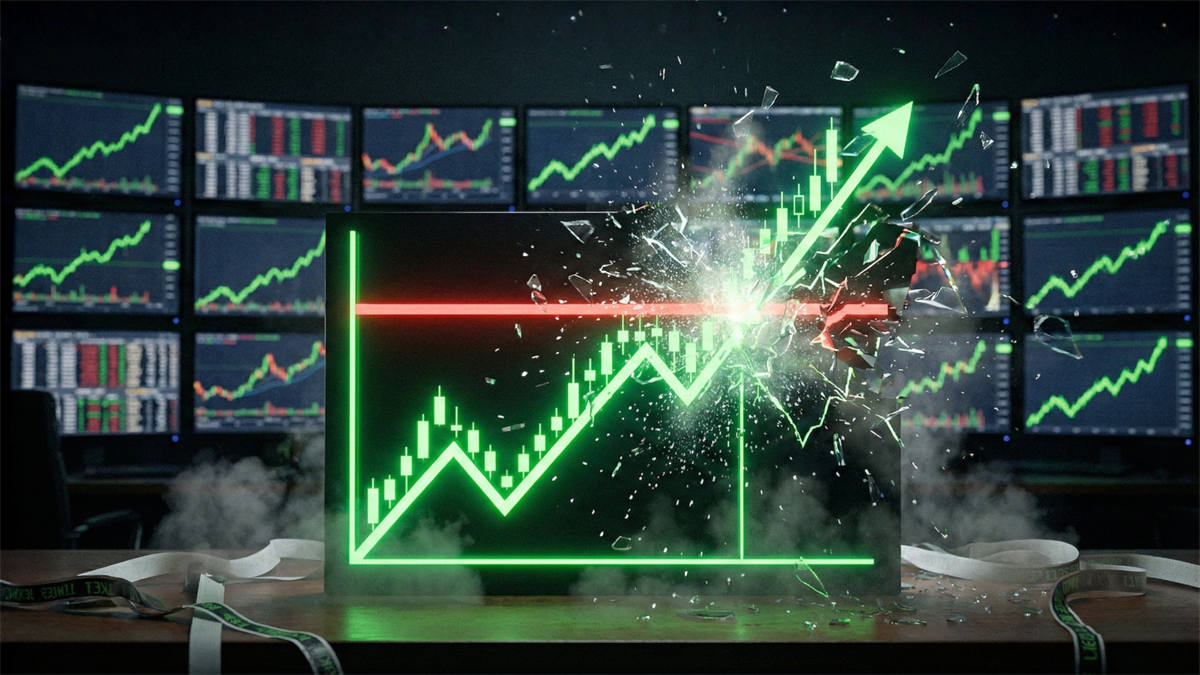 Neon-green stock chart smashing through resistance on trading screens, symbolizing a small-cap market breakout rally.
