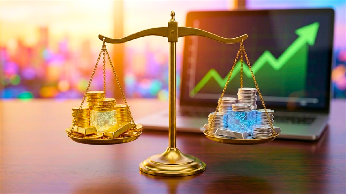 Balance scale compares gold and silver ETF holdings as laptop chart rises, highlighting precious metals investing.