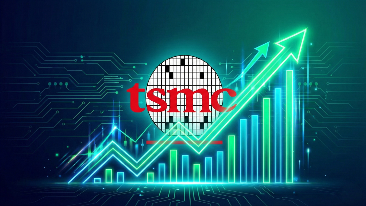 TSMC logo surrounded by bullish stock chart imagery, highlighting the stock's robust outlook for 2026 and beyond.