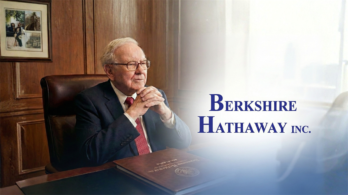Imaginative depiction of Warren Buffett seated in office beside Berkshire Hathaway logo, symbolizing cash-heavy portfolio shift.