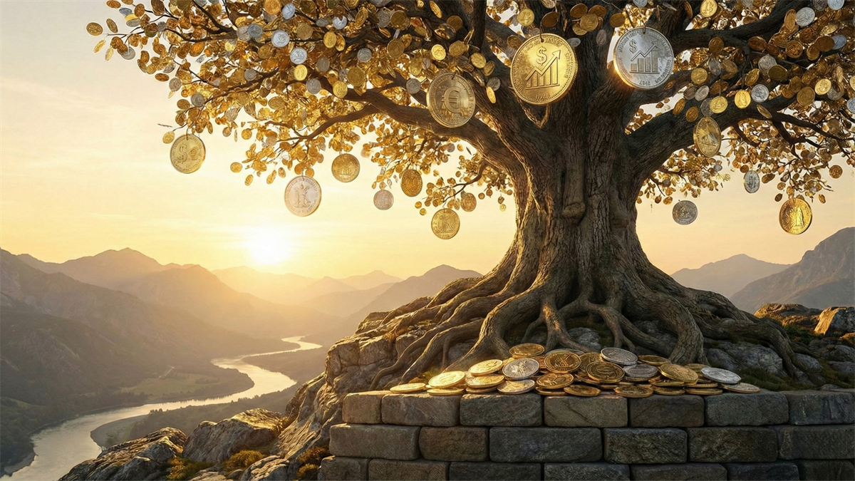 Coin-laden money tree at sunrise over mountains, symbolizing long-term compounding forever stocks.