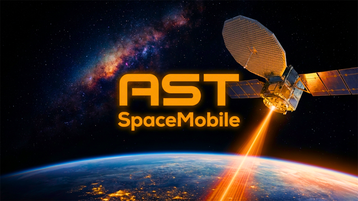 AST SpaceMobile satellite beams signal toward Earth, highlighting space-based mobile broadband and ASTS stock.