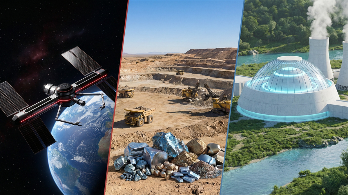 Split image of satellite, rare-earth mine, and nuclear plant, symbolizing volatile stocks and insider selling.