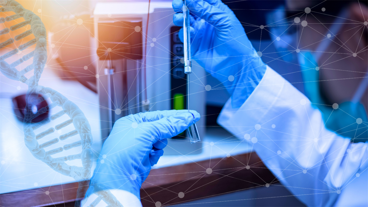 Gloved scientist handles syringe vial in biotech lab with DNA overlay, hinting GLP-1 drug innovation.