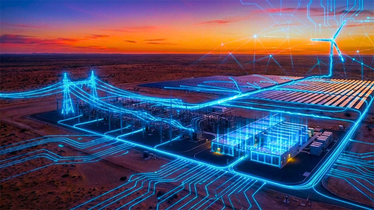 Data center campus with glowing network lines at sunset, symbolizing AI infrastructure and power demand.