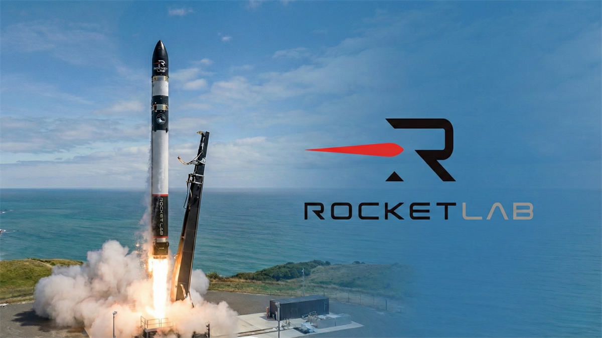 Rocket Lab Electron rocket lifts off from coastal pad, plume and smoke rising beside Rocket Lab logo.