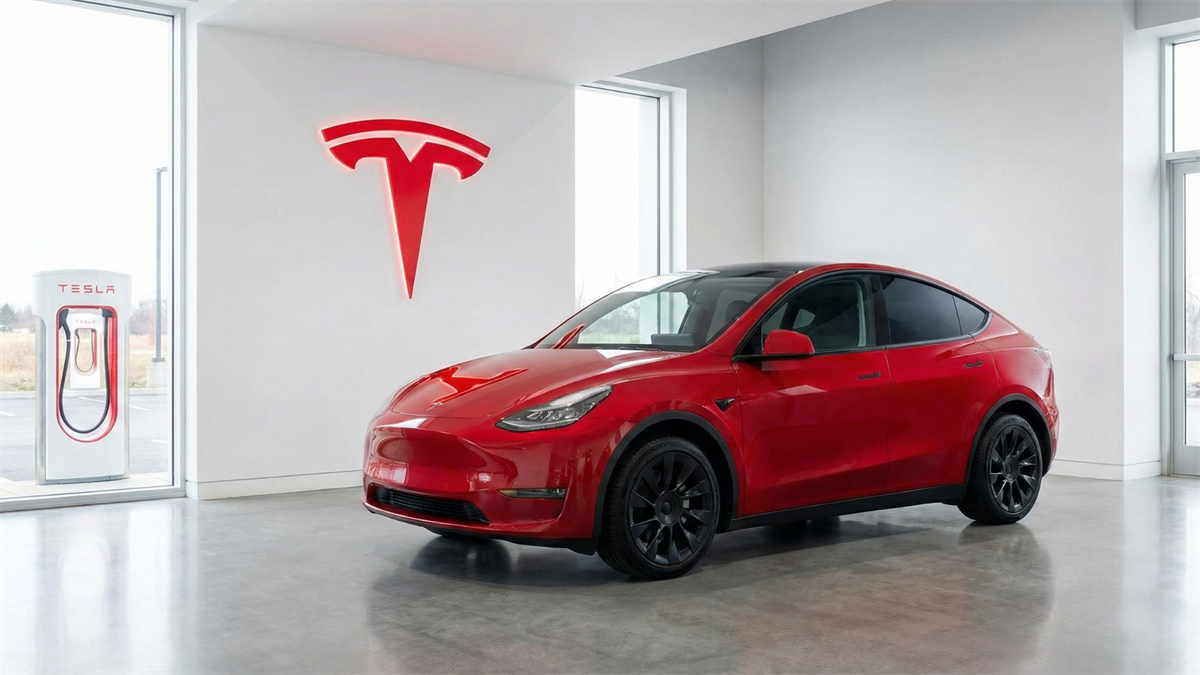 Red Tesla Model Y in bright showroom beside Tesla logo and Supercharger, symbolizing TSLA ahead of earnings.