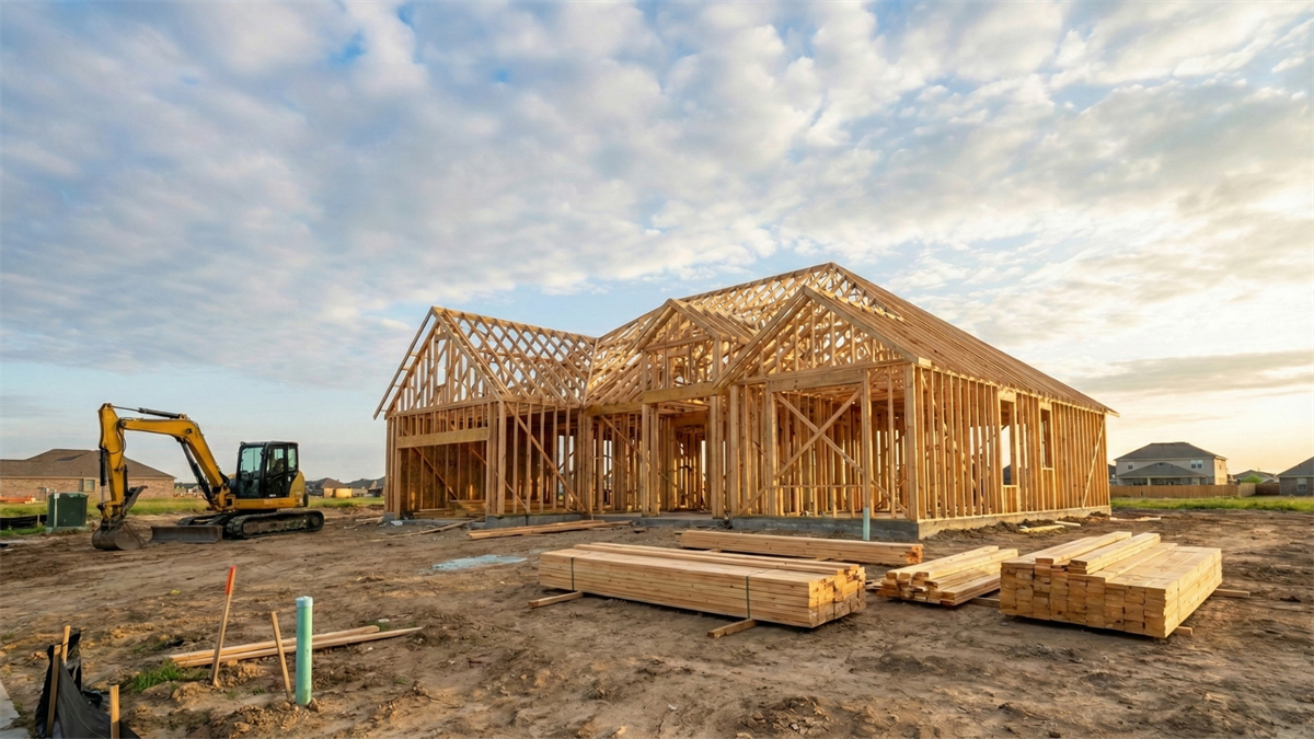Wood-framed house under construction on a dirt lot, with an excavator and stacks of lumber in the foreground.