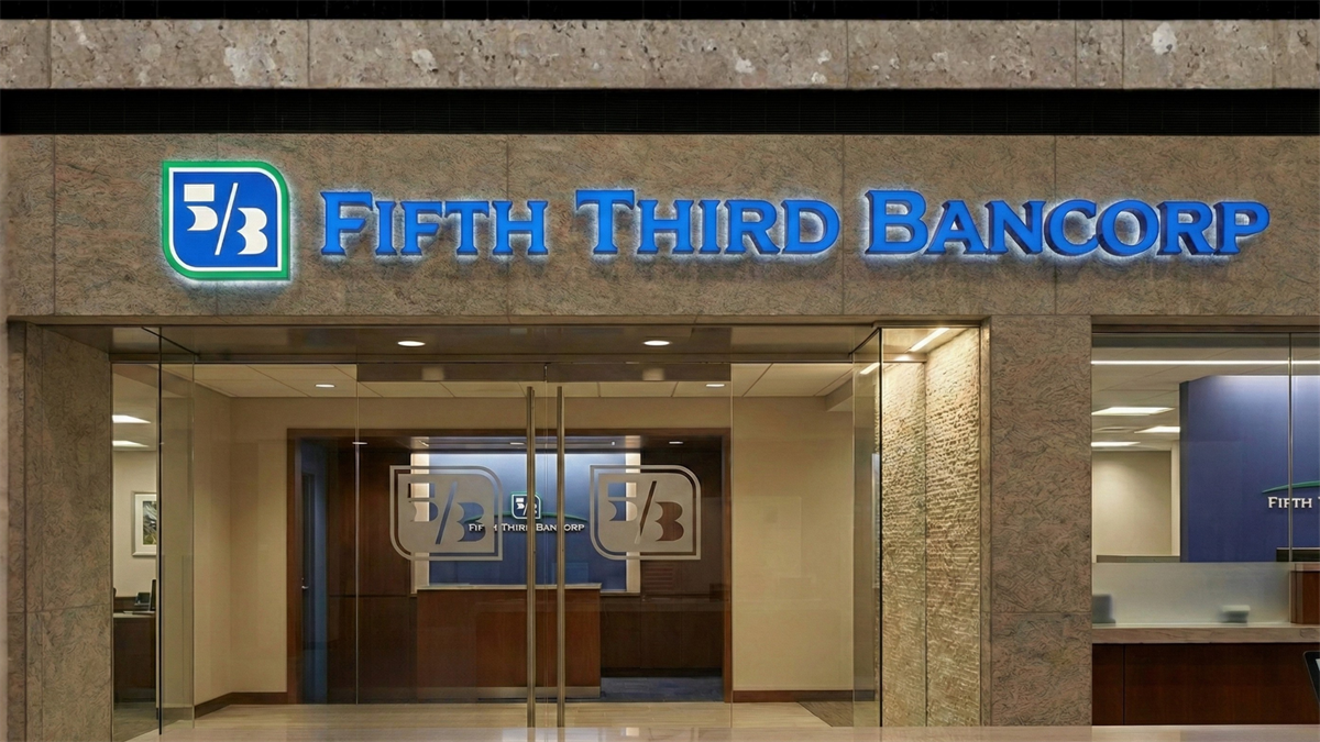 Fifth Third Bancorp branch entrance with illuminated logo signage, reflecting regional bank stock outlook.