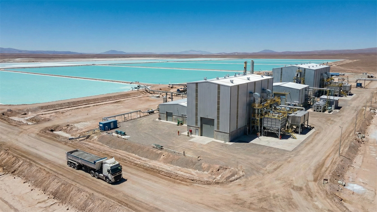 Industrial lithium processing facility beside turquoise brine ponds, symbolizing Stardust Power’s refinery buildout.