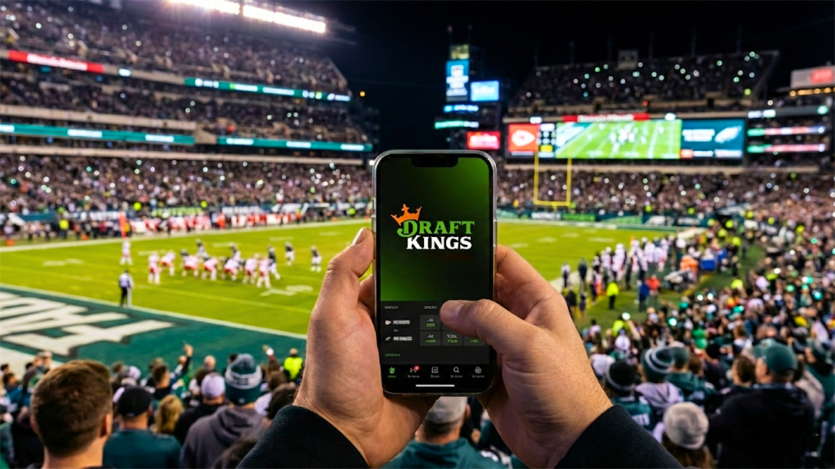 DraftKings NFL betting app on smartphone at packed stadium, highlighting US sports wagering and DKNG stock.