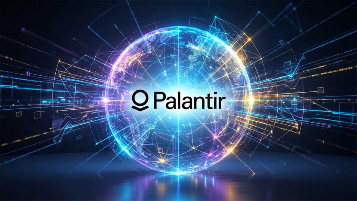 Palantir logo over glowing data globe, signaling AI analytics platform and PLTR stock focus.