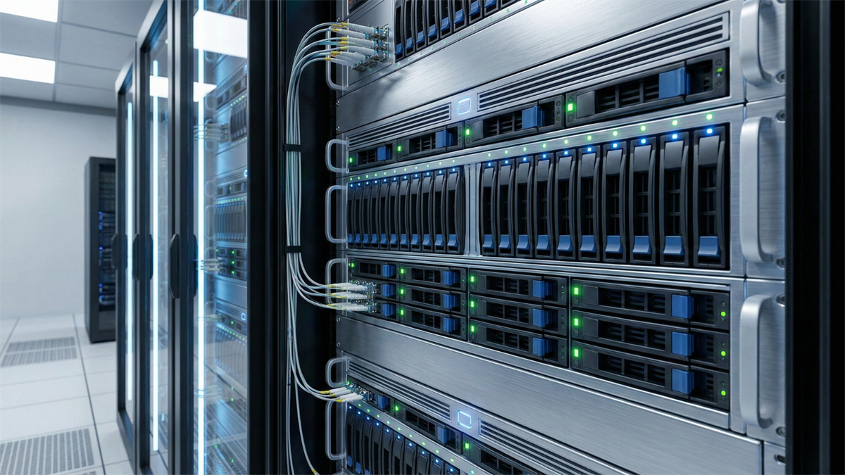 Data center storage servers with SSD/HDD drive bays glowing, symbolizing AI-driven memory demand.