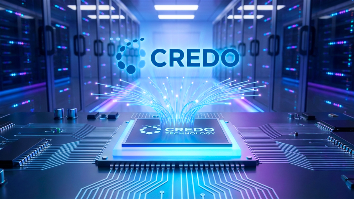 Credo Technology chip with fiber-optic links in data center racks, highlighting AI networking and CRDO stock.