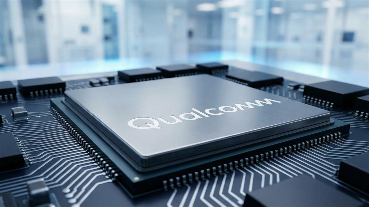 Close-up of a Qualcomm-branded semiconductor chip on a circuit board, symbolizing the stock selloff.
