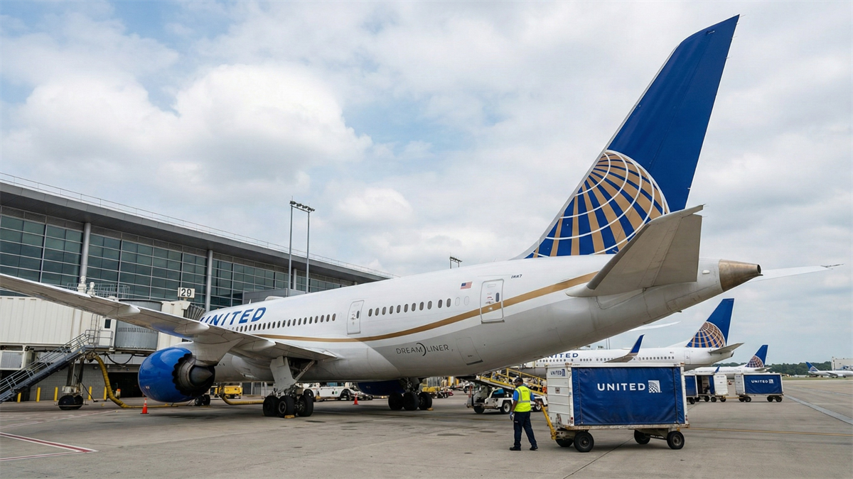 United Airlines jet at an airport gate with ground crew and baggage cart, reflecting strong travel demand.