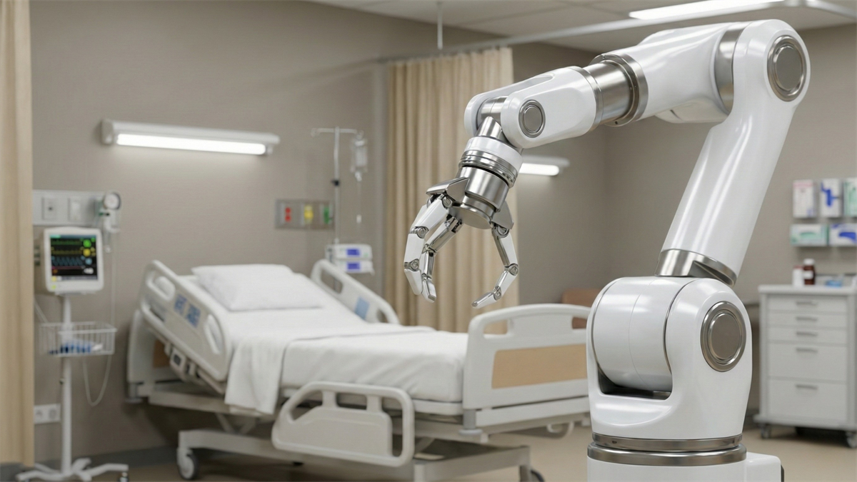 Robotic surgical arm in a modern hospital room, highlighting medical technology driving healthcare stock rotation.