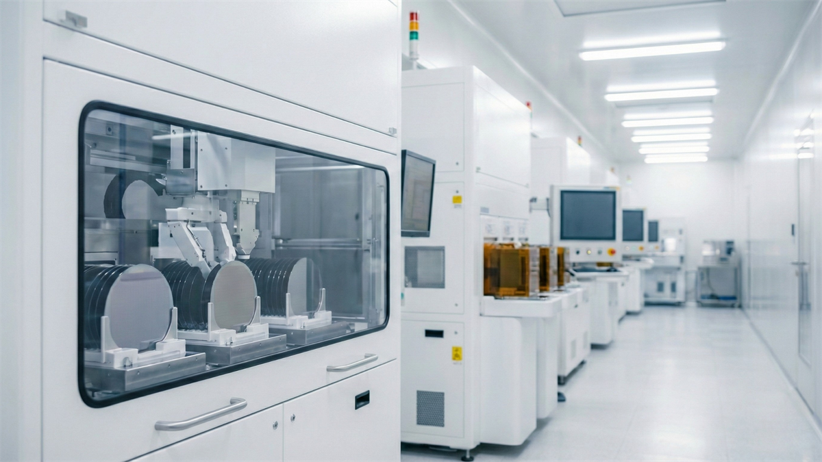 Cleanroom semiconductor fab with wafer-handling equipment and stacked silicon wafers, highlighting lithography tools.
