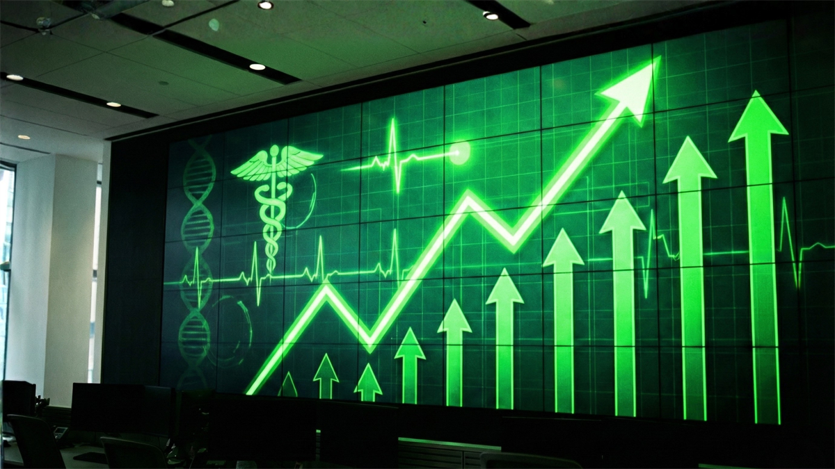Green stock chart rising beside medical caduceus and DNA icons, signaling Medicare Advantage rally for ALHC.