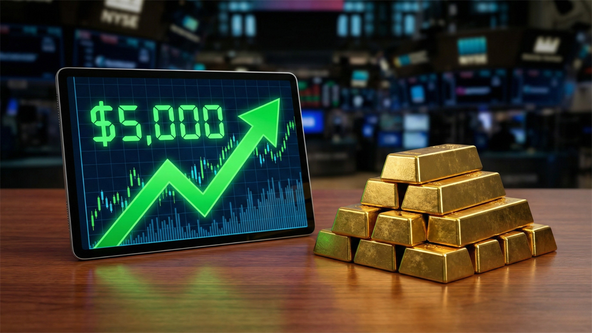 Gold bars stacked beside a tablet showing a rising price chart and “$5,000” with a green upward arrow, with trading screens blurred in the background.