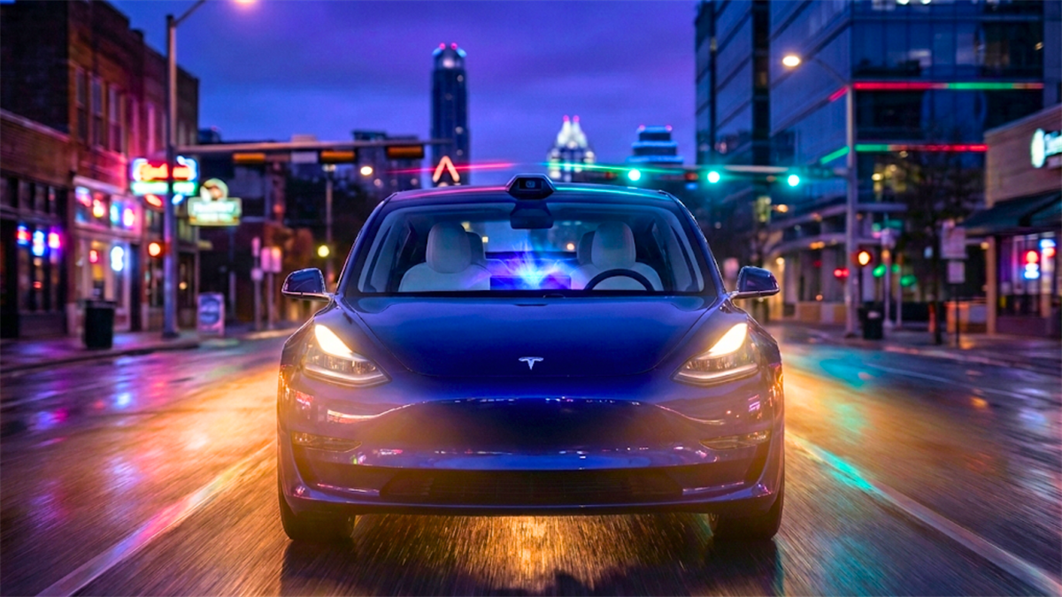 Tesla Model 3 drives through city at night, underscoring EV demand and TSLA stock sentiment.