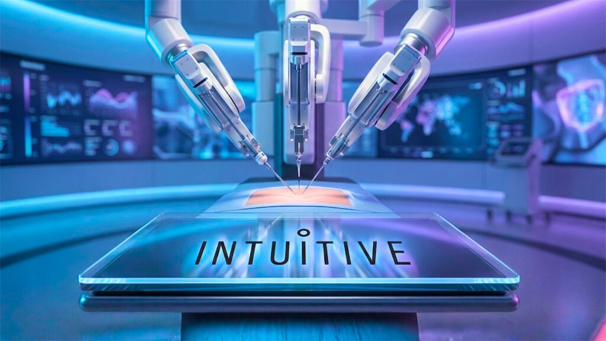 Intuitive Surgical robotic surgery system in operating room, highlighting medical device growth and healthcare stocks.