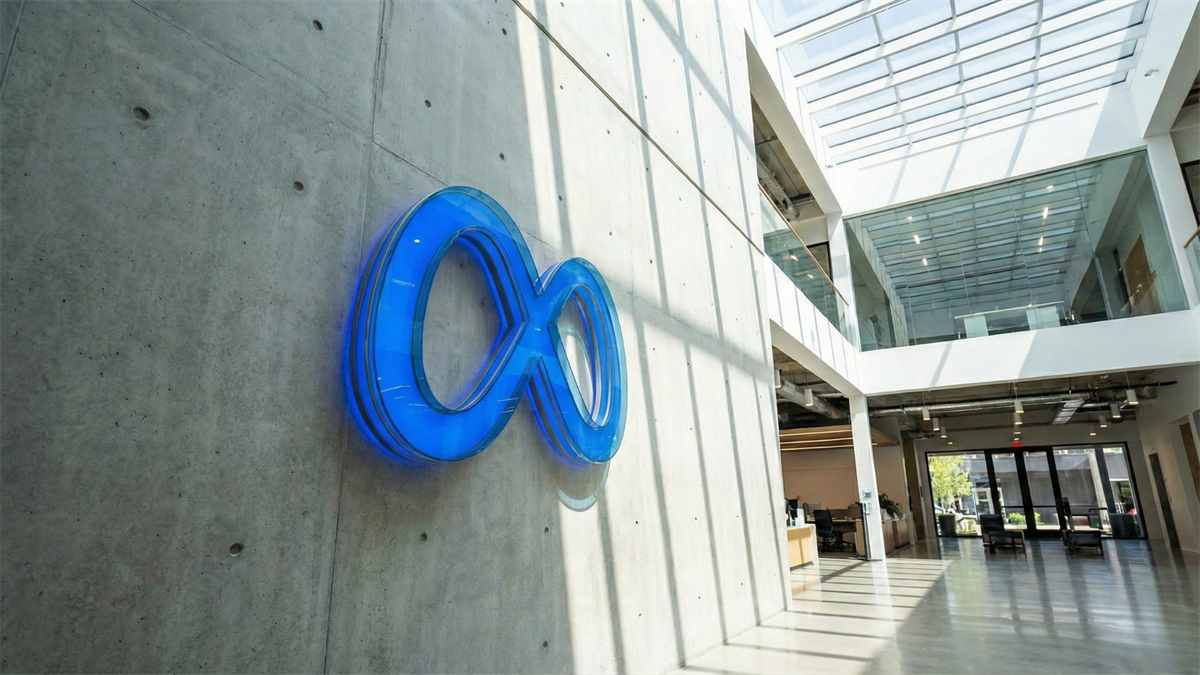 Meta’s blue infinity logo on a concrete wall inside a bright modern office atrium, signaling AI investment focus.