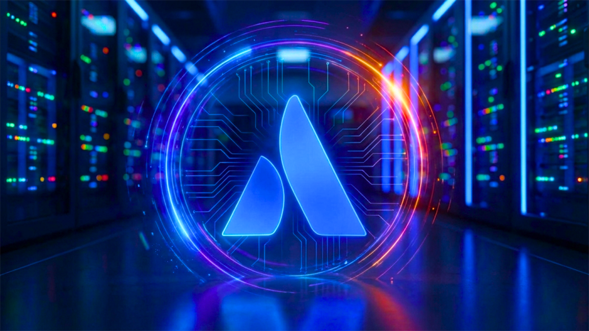 Atlassian logo over server racks and circuit glow, highlighting cloud software and AI-enabled enterprise productivity.
