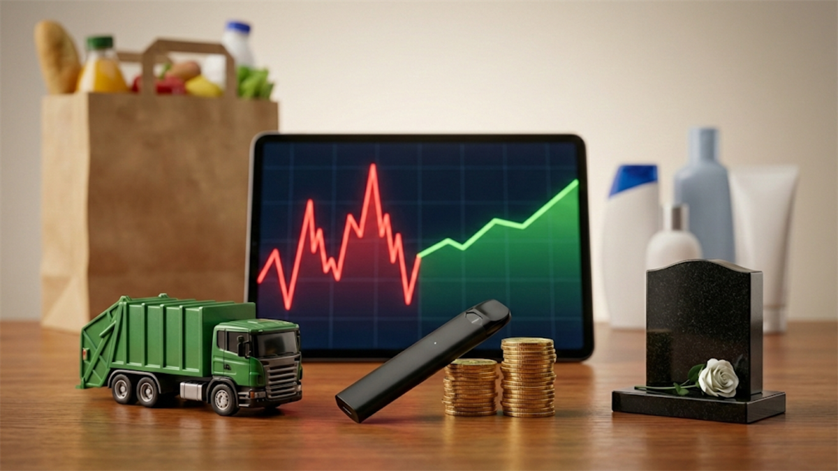 Tablet stock chart with trash truck, cigarette device, coins and headstone, highlighting defensive stock picks.