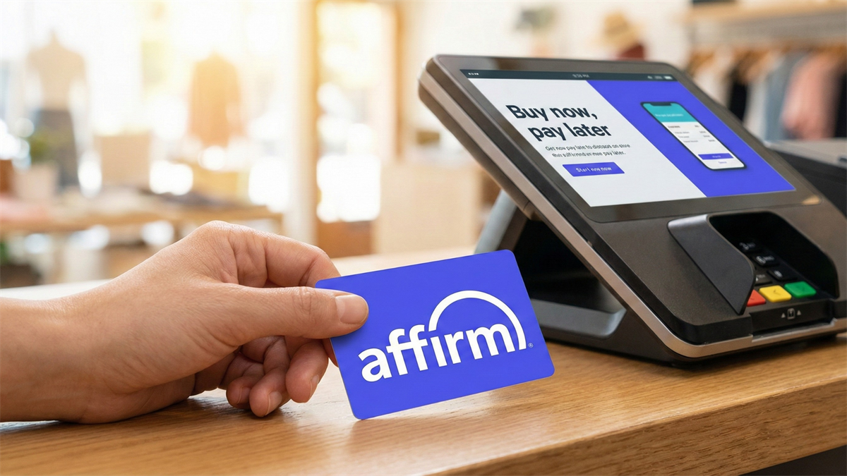 Affirm card at a payment terminal with 'buy now, pay later' screen, signaling BNPL growth.