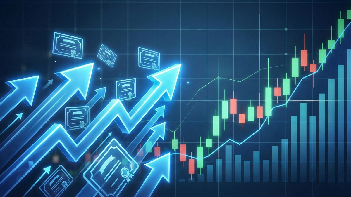 Glowing upward arrows and rising candlestick chart symbolizing CoStar’s share buyback boost and rebound.