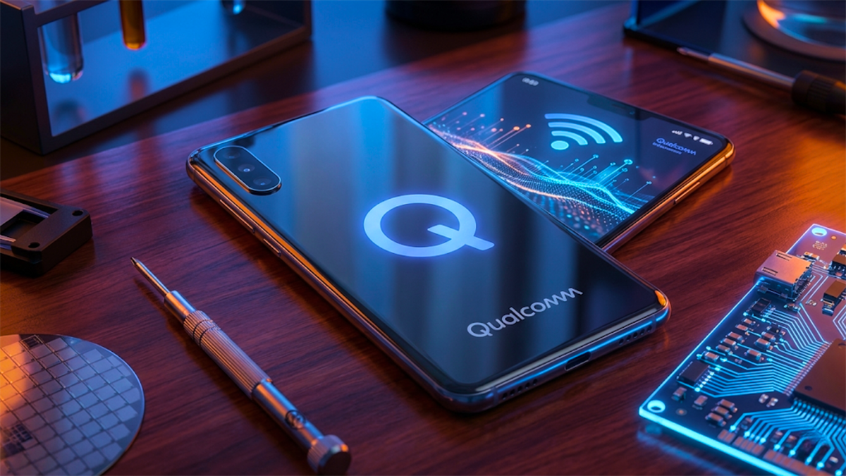 Qualcomm logo on smartphone beside circuit board and wireless signal graphic, highlighting QCOM chips.