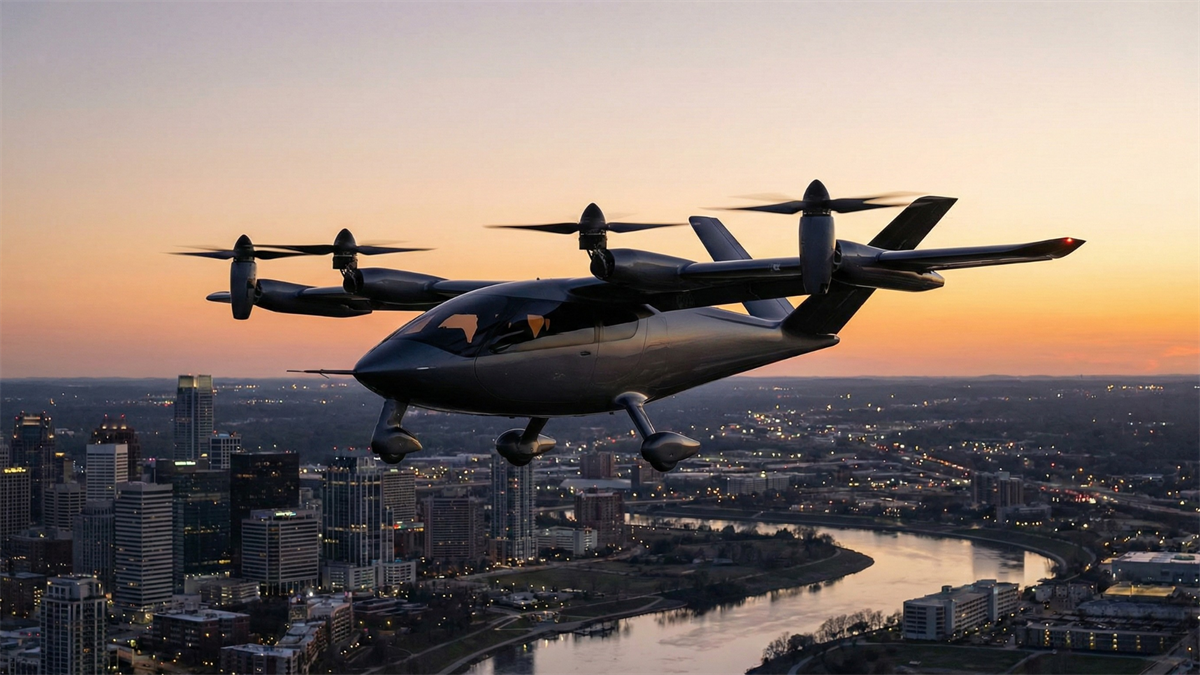 eVTOL air taxi flies over city at sunset, capturing electric aviation momentum around Archer Aviation.