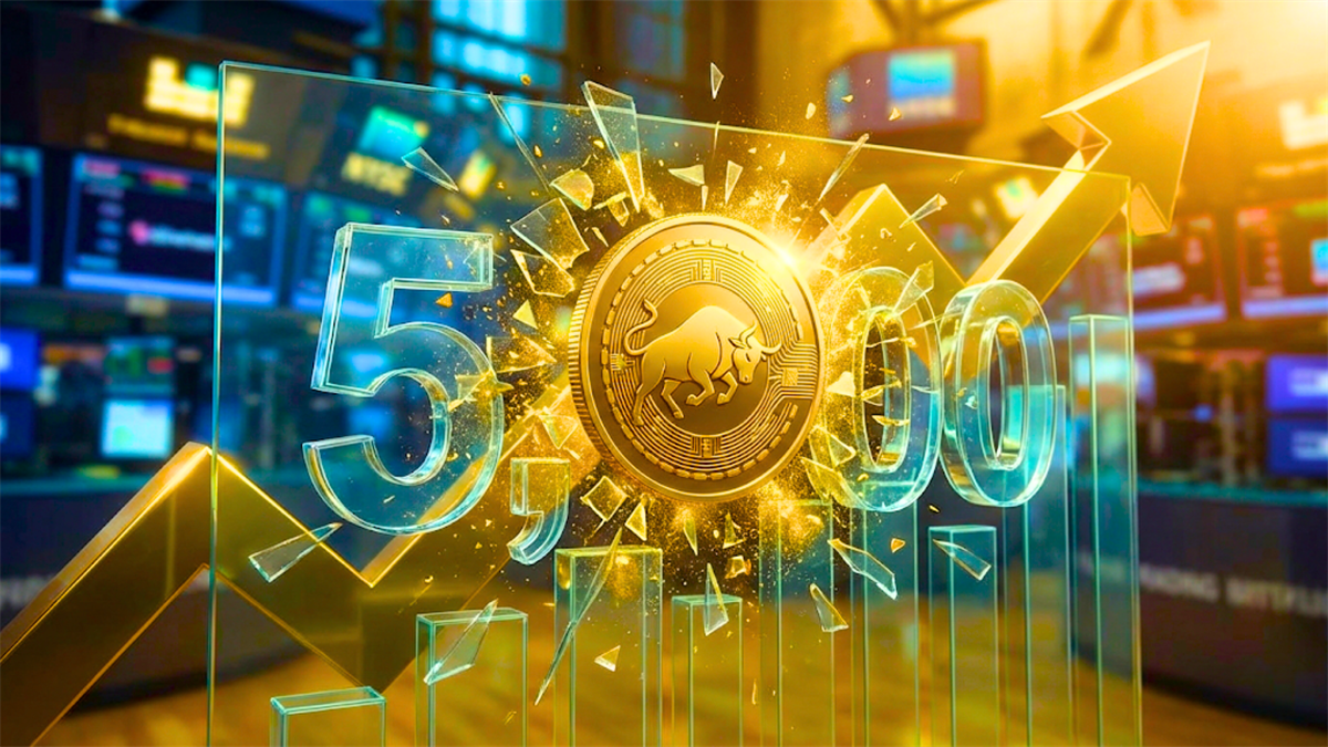 Gold price rally hits $5,000 for first time as bull coin breaks through milestone with upward arrows.