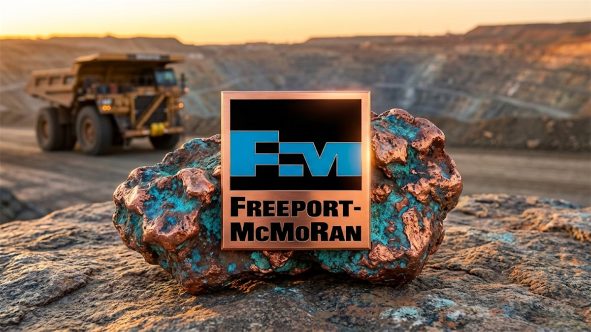 Freeport-McMoRan logo on copper ore at open-pit mine, highlighting FCX stock and copper prices.