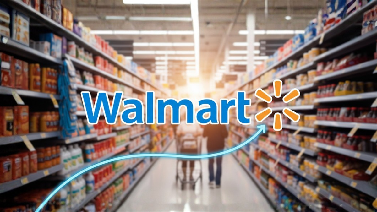 Walmart logo over grocery aisle with rising arrow, highlighting WMT stock and retail sales growth.