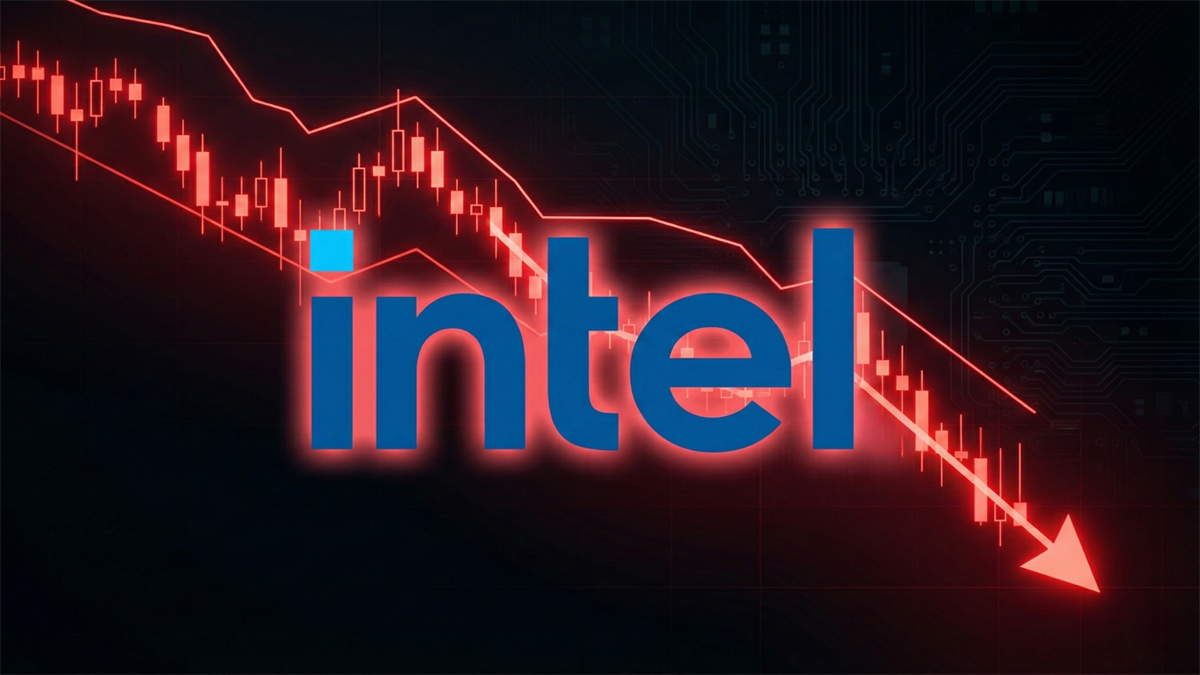 Intel logo over plunging red stock chart and downward arrow after earnings guidance spooks investors.