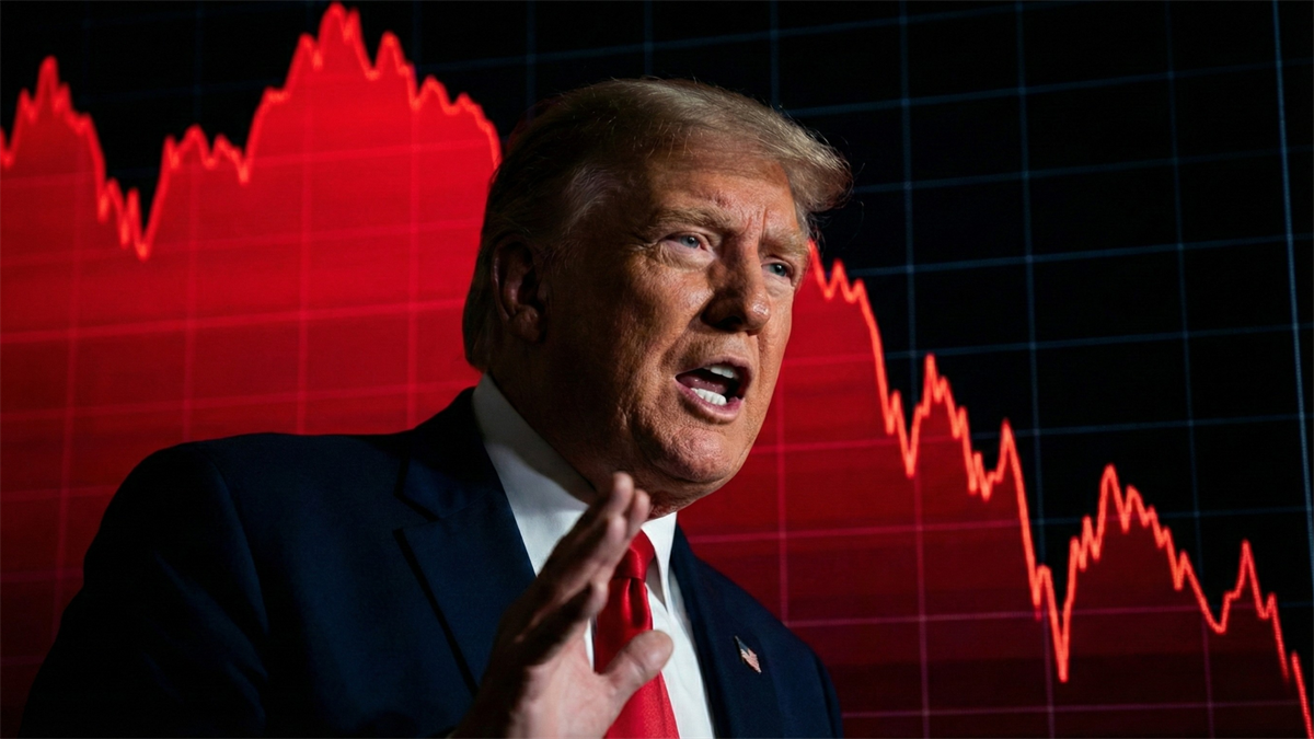 Imaginative depiction of President Trump speaking in front of a red, sharply falling stock-market chart and grid background, suggesting market decline fears.