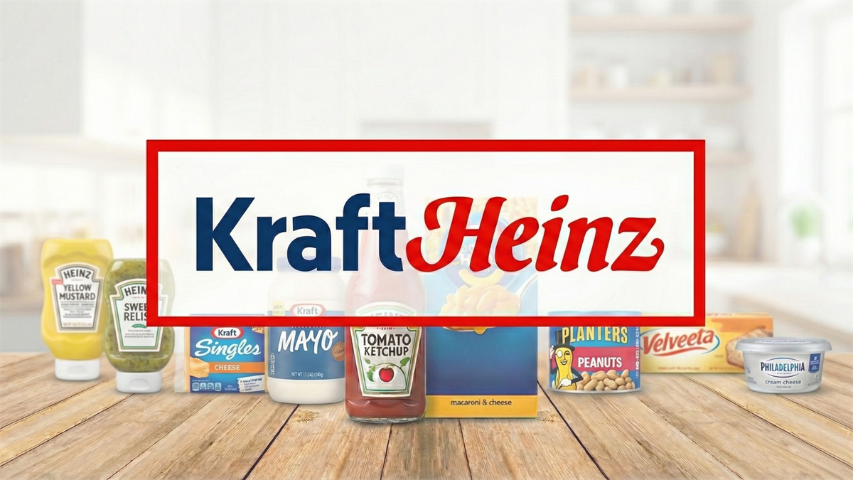 Kraft Heinz logo over a lineup of Heinz ketchup, Kraft Singles, Velveeta, Planters and other staples brands.