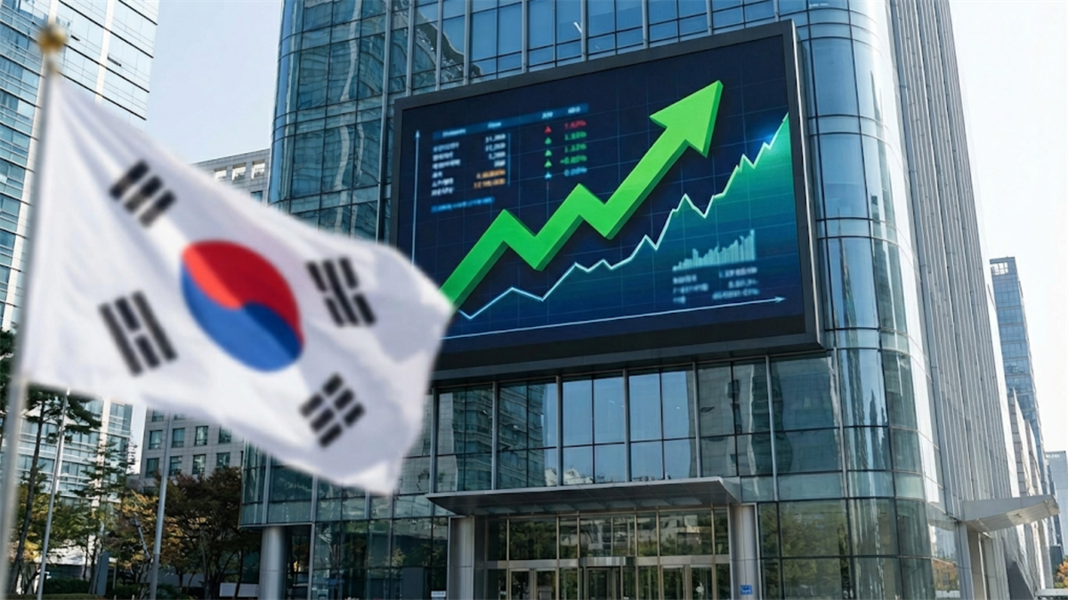 South Korea flag in front of market screen with rising chart, symbolizing a South Korean stock market rally.