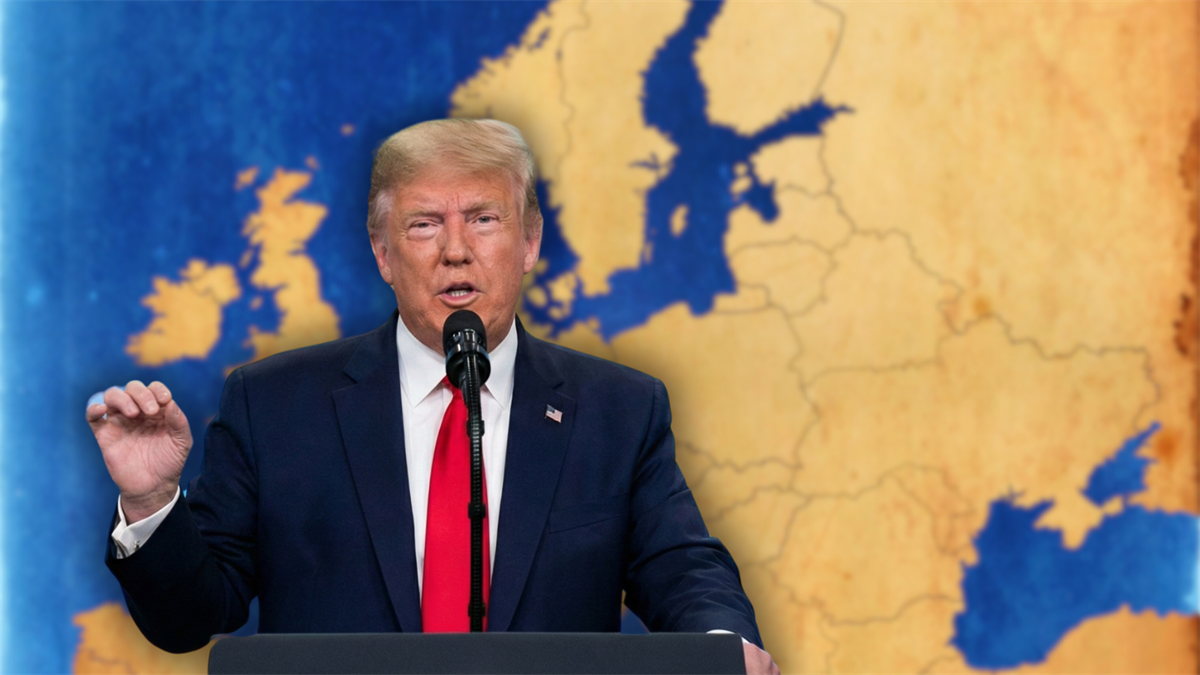 Imaginative depiction of Donald Trump speaking at a podium with a microphone, set against a map of Europe.