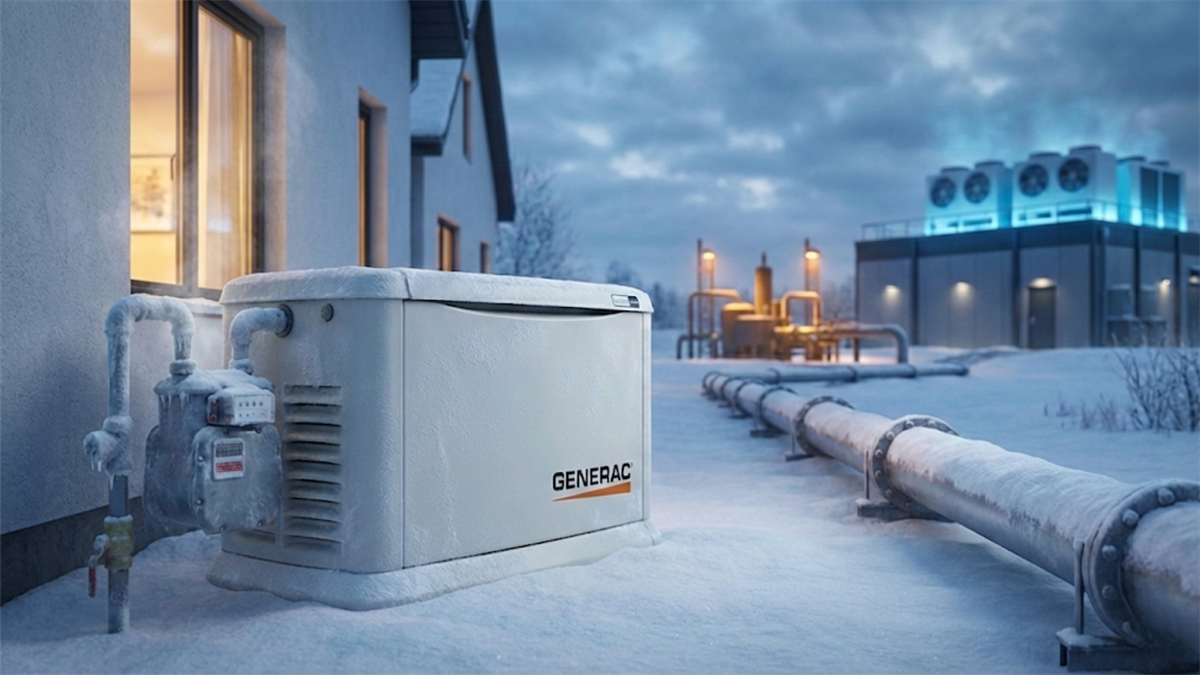 Generac standby generator in snowy yard near gas pipeline, highlighting backup power demand for GNRC.