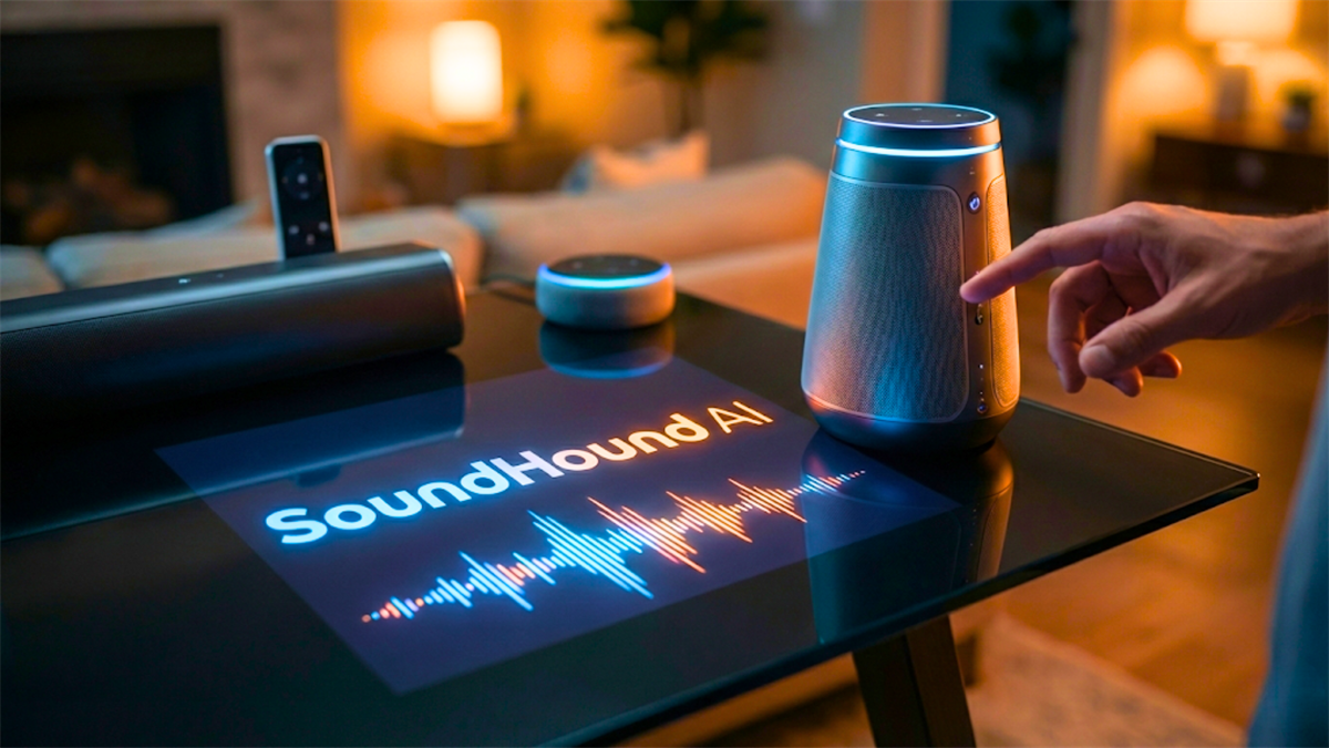 SoundHound AI voice assistant on smart speaker display, highlighting speech AI technology and SOUN stock.