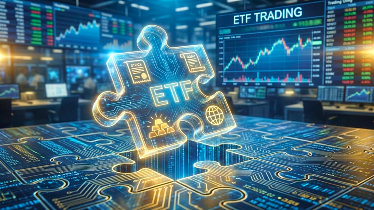 Glowing ETF puzzle piece in trading room, symbolizing diversified ETF investing and market strategy.