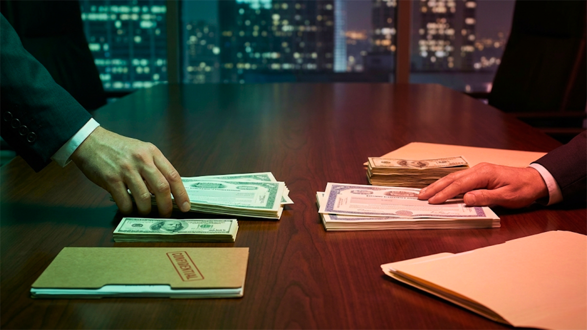 Hands trade cash and stock documents across boardroom table, symbolizing insider buying and selling activity.
