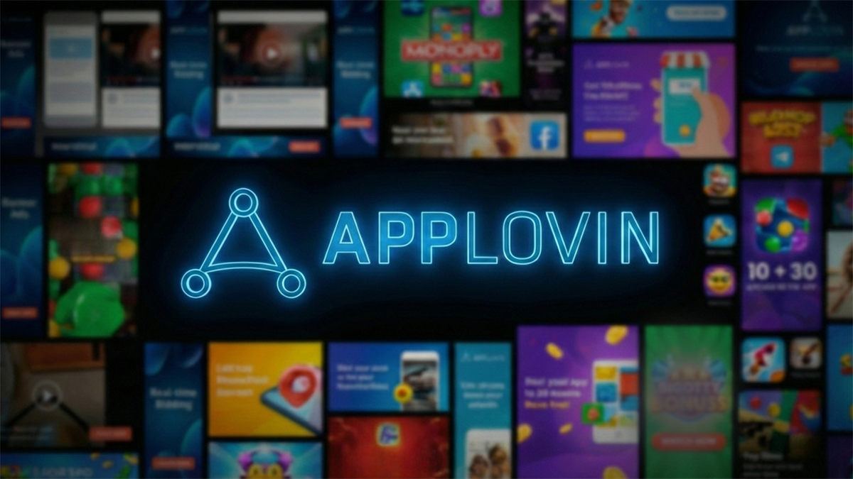 Neon “AppLovin” logo over a blurred collage of mobile app ads and game tiles, suggesting adtech platform activity.
