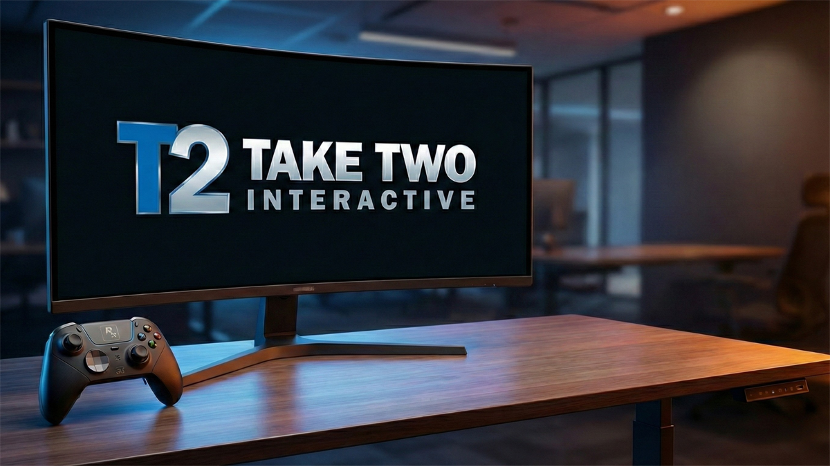 Take-Two Interactive logo on a widescreen monitor beside a game controller on a modern office desk.