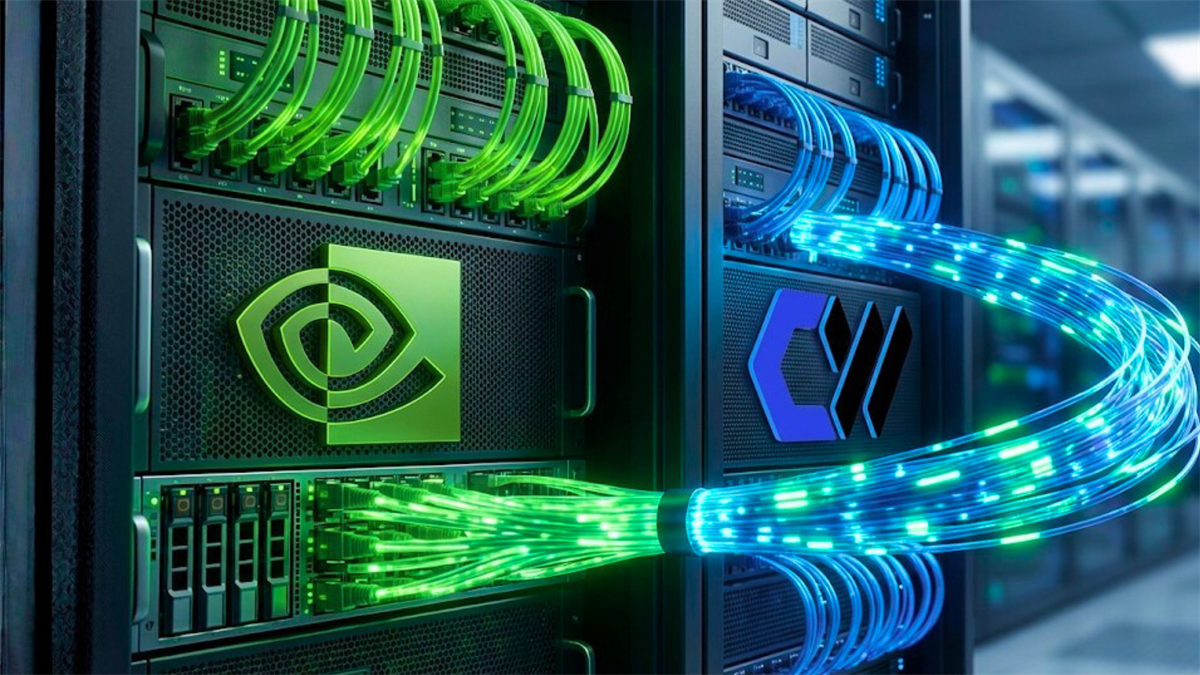 NVIDIA and CoreWeave logos on data-center servers with high-speed links, signaling AI infrastructure partnership.
