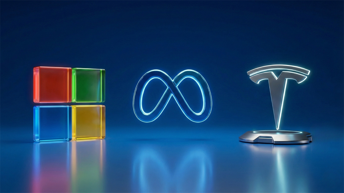 Microsoft, Meta and Tesla logos on blue tech backdrop, signaling mega-cap earnings impact on tech ETFs.