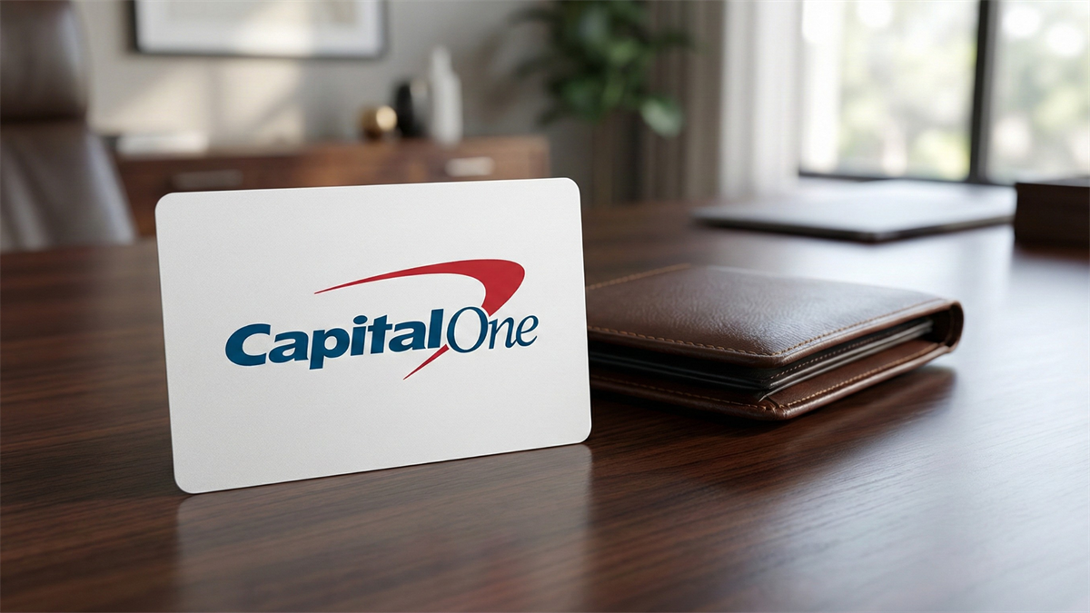 Capital One logo on a desk card beside a leather portfolio in a modern office.